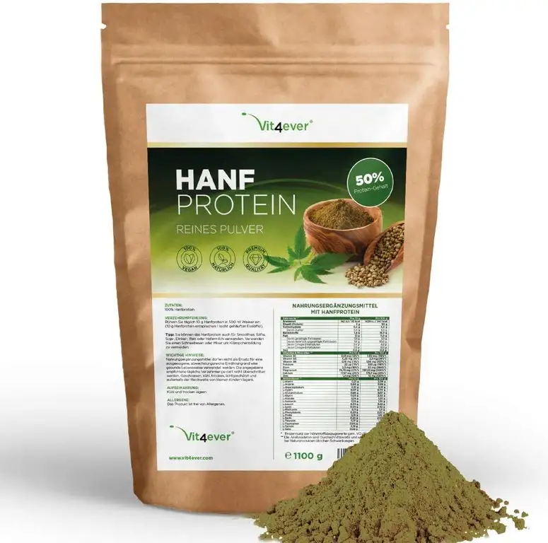 Hanfprotein Pulver - 1100 g / 1,1 kg - 50% Proteingehalt - Herkunft: Niederlande - Laborgeprüfte Qualität - Veganes Eiweißpulver - 100% Hanfproteinpulver - Frei von Gluten, Soja und Laktose