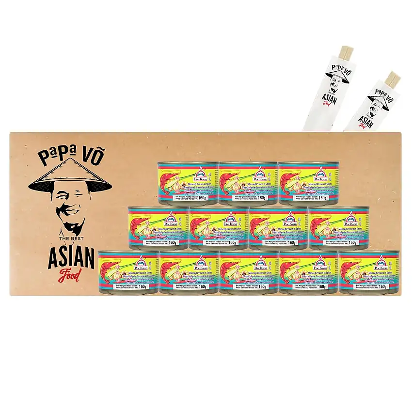 12er Pack (12x 160g) Por Kwan Gia Vi Bun Rieu Gehackte Garnelen mit Gewürz + 2 Papa Vo Esstäbchen