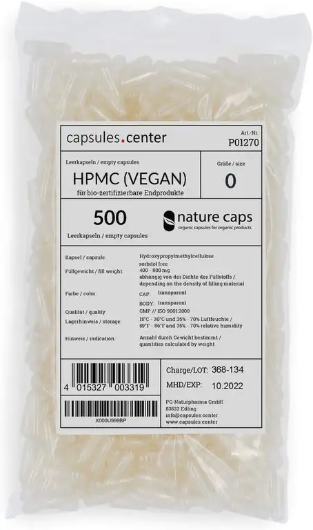 500 Leerkapseln vegan - transparent | Größe 0 (ca. 21mm) | Sorbitol frei | geeignet für BIO zertifizierte Inhaltsstoffe | Füllmenge 400-800mg (dichteabhängig) | halal & kosher