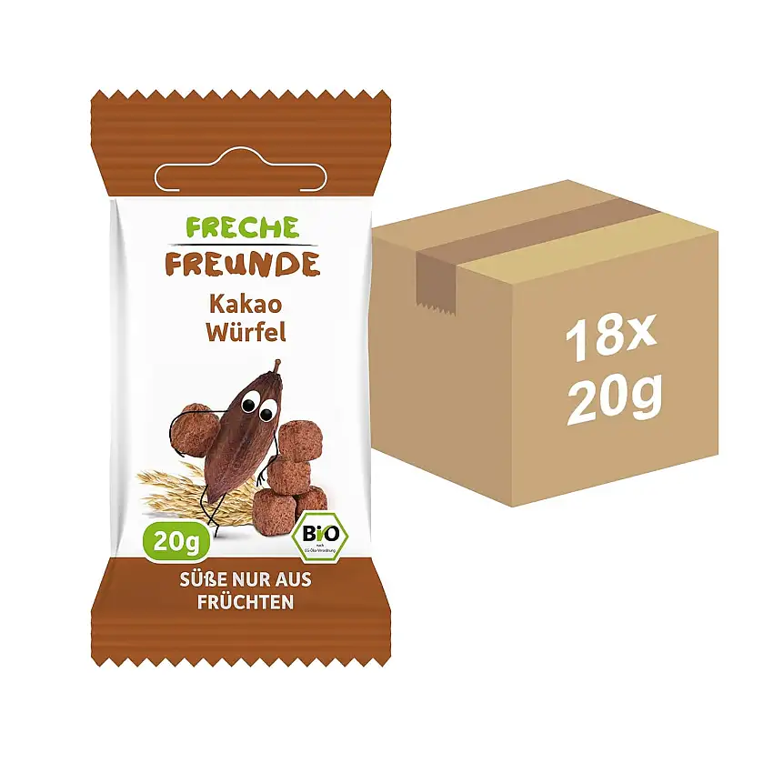 FRECHE FREUNDE Bio Kakao Würfel, Müsli Snack für Kinder, ohne Zusatzstoffe, vegan, 2x 9er Pack (9 x 20 g)