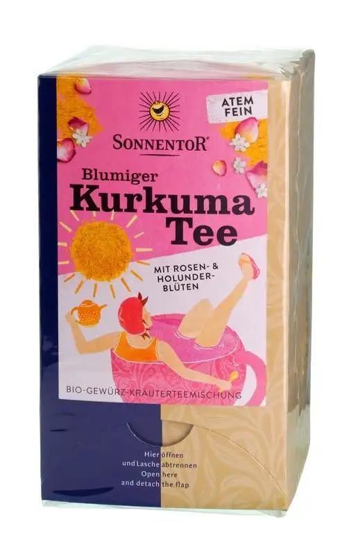 Sonnentor Blumiger Kurkuma-Tee mit Rosen- & Holunderblüten im Beutel (36 g) - Bio