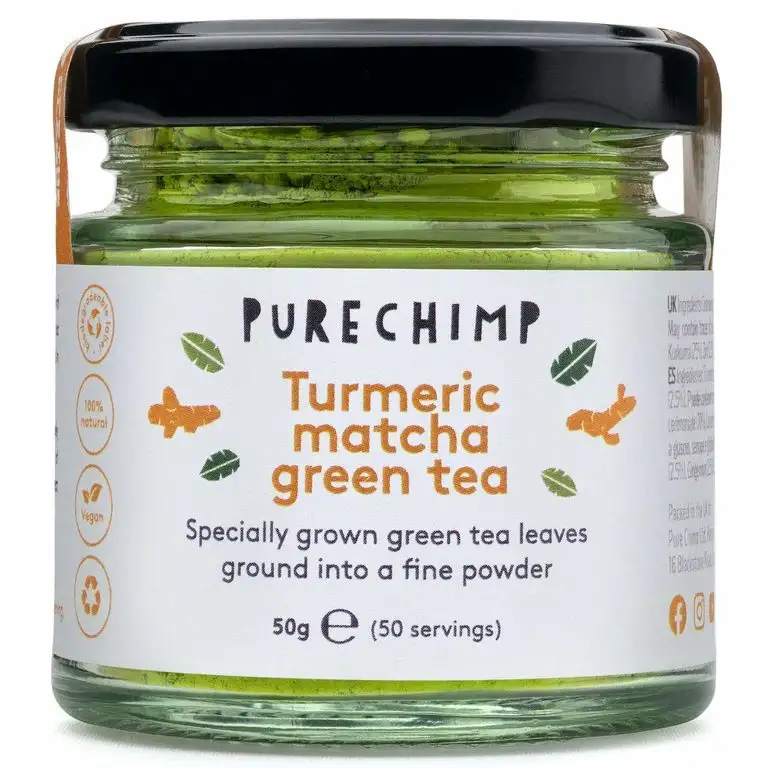 Matcha-Grüntee mit Kurkuma 50g von PureChimp | Für Matcha Latte | Pestizidfrei | Recycelbares Glas