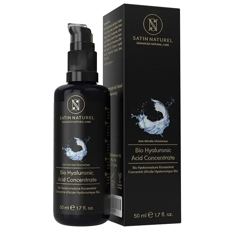 BIO Hyaluronsäure Serum Hochkonzentriert & Vegan 50ml - Hochwirksames 4-Fach Hyaluron Anti Aging Gel gegen Falten mit Aloe Vera - Satin Naturel Bio Naturkosmetik MADE IN GERMANY