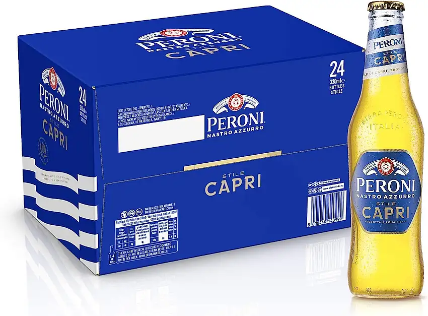 Peroni Nastro Azzurro im Capri-Stil, Bierkiste mit 24 Flaschen à 33 cl, niedriggäriges Lagerbier mit Noten von Zitrone und Olivenblättern, leichter und duftender Geschmack, Alkoholgehalt 4,2% Vol