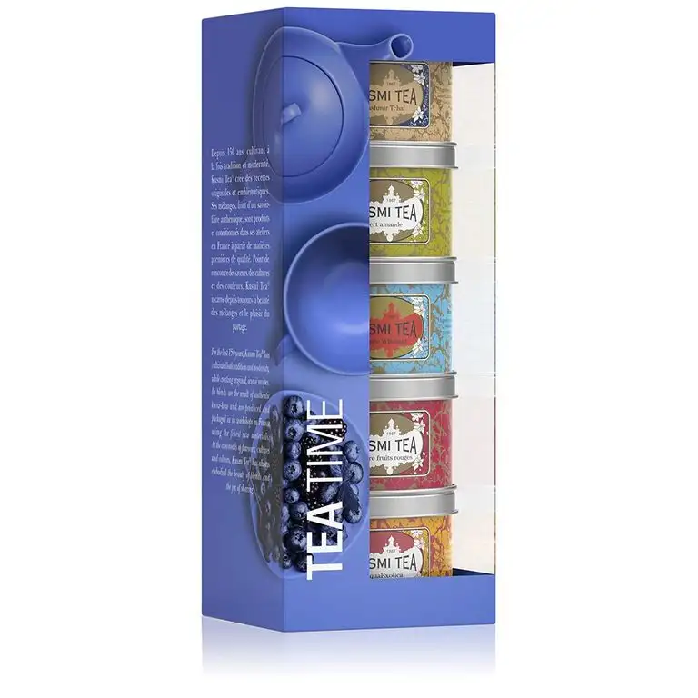 Kusmi Tea Geschenkset Tea Time - 5 Minidosen Aromatee Sortiment - Schwarzer Tee, Earl Grey, Grüner Tee und AquaExotica Früchtetee - 5 Metall Teedosen x 25 gr