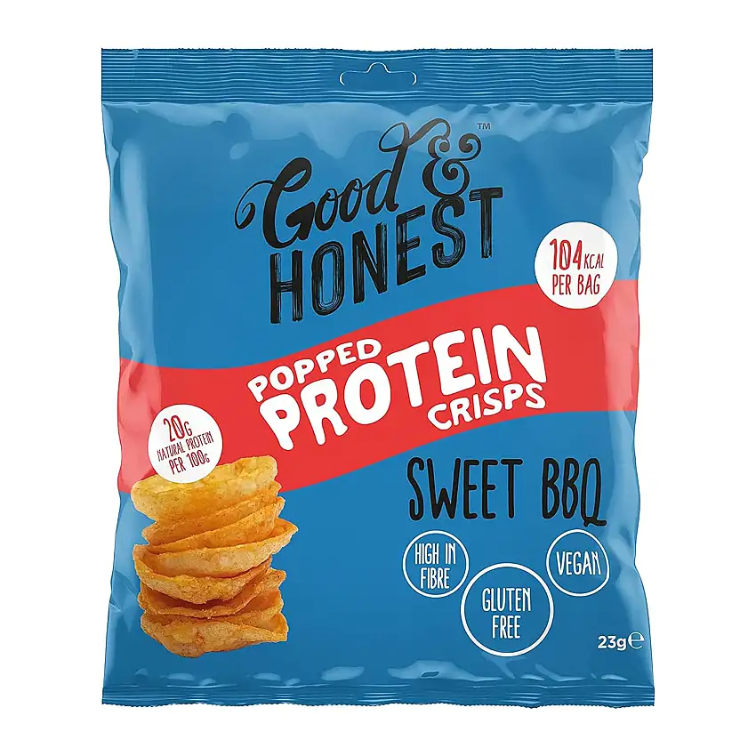 Good & Honest Popped Protein Crisps Glutenfreie Kneipensnacks Süßer BBQ Geschmack 24 x 23g