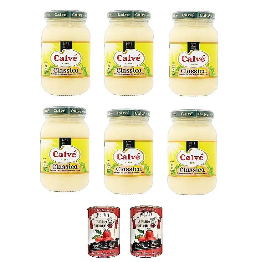 6x Calve Calvè Klassik Mayonnaise mayo classic Fritessoße Soße Sauce glass 500ml + Italian Gourmet 100% italienische geschälte Tomaten dosen 2x 400g