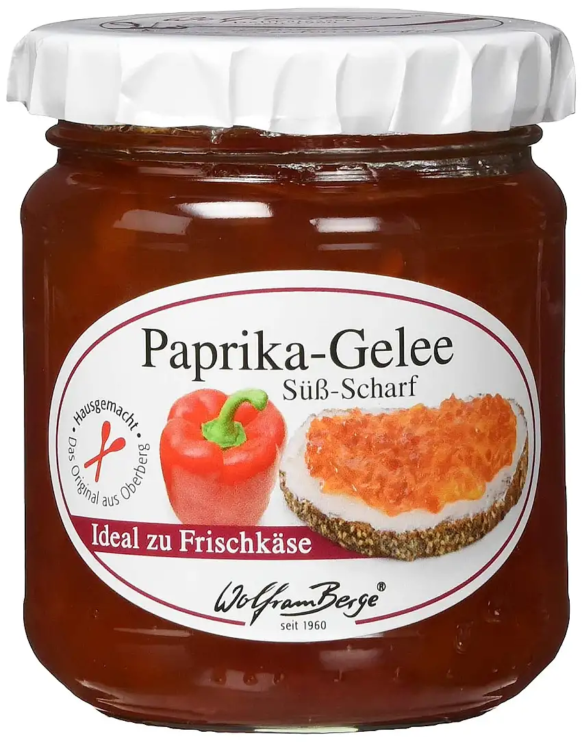 Wolfram Berge Paprika-Gelee rot, süß-scharf - Rote Paprika in fruchtig-pikantem Gelee. Hergestellt im Oberbergischen. 3er Pack (3 x 225 g)