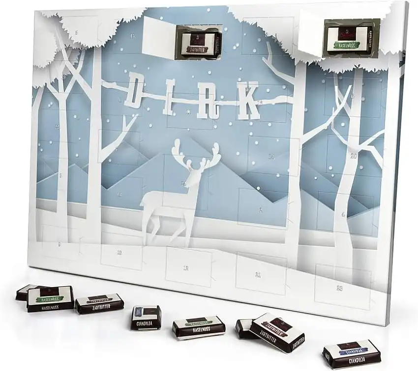 printplanet - Adventskalender mit Namen Dirk - gefüllt mit Schokoladen-Füllung - personalisiert mit Namens-Motiv Papierschnitt - Schoko-Kalender, Weihnachtskalender, Namenskalender
