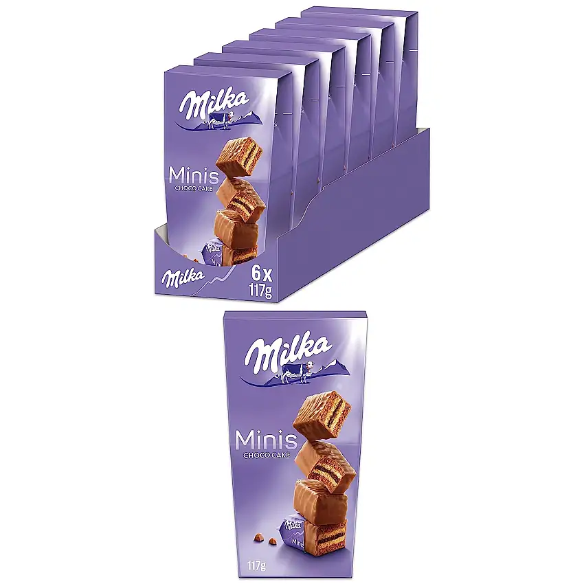 Milka Minis Choco Cake 6 x 117 g – Mini Kuchen mit cremiger Füllung und Schoko-Hülle – Einzeln verpackt , 117g(6er Pack)