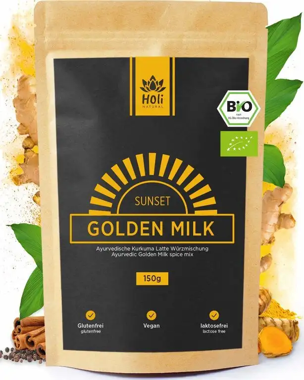 Holi Natural®️ Golden Milk Sunset | BIO Kurkuma Latte Mischung mit Ashwagandha | 30 Portionen | Hoher Curcumingehalt | Hohe Bioverfügbarkeit