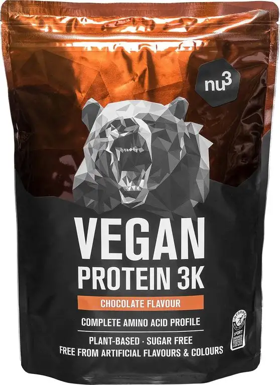 Vegan Protein 3K Shake - 1 Kg Chocolate - Pflanzliches Proteinpulver mit Reis-, Sonnenblumen- & Erbsen-Protein - Eiweißpulver aus 3-Komponenten-Protein mit 71% Eiweiss - von nu3