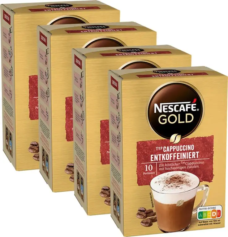 NESCAFÉ Gold Typ Cappuccino Entkoffeiniert, Getränkepulver aus entkoffeiniertem löslichem Bohnenkaffee, 4er Pack (à 10 x 12,5g Sticks)