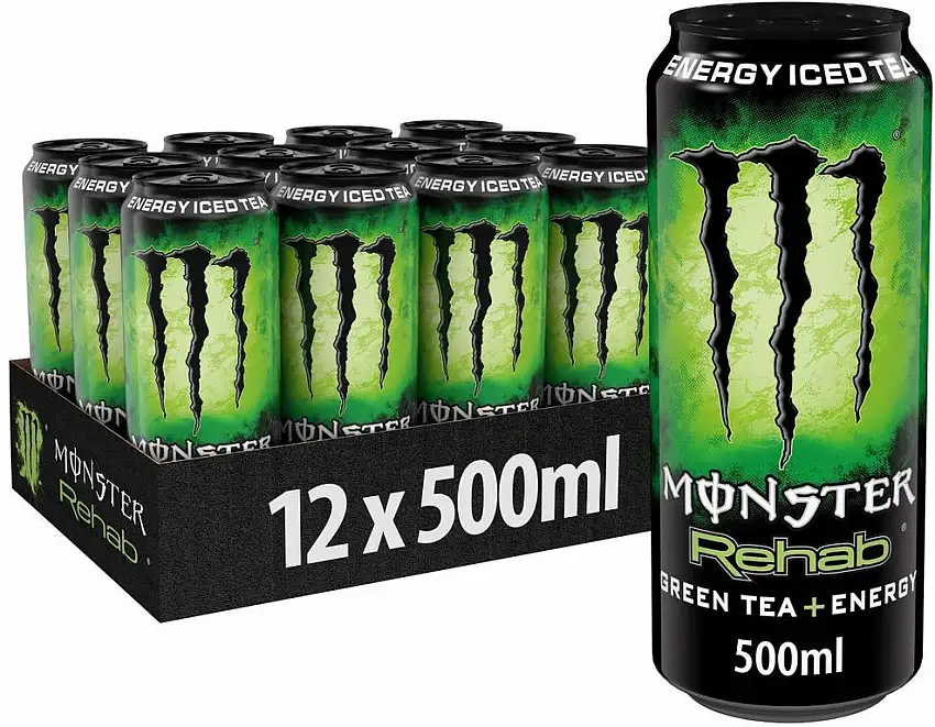 Monster Energy Rehab Green Tea mit Tee Extrakten & tropischen Säften - ohne Kohlensäure, 2in1 Energie Getränk & Eistee!, Energy Drink Palette, 12 x 500ml EINWEG Dose