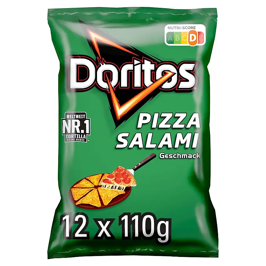 Doritos Pizza Salami - Tortilla Nachos mit Pizza Salami Geschmack - Herzhafter Snack zum Knabbern aus Mais (12 x 110g)