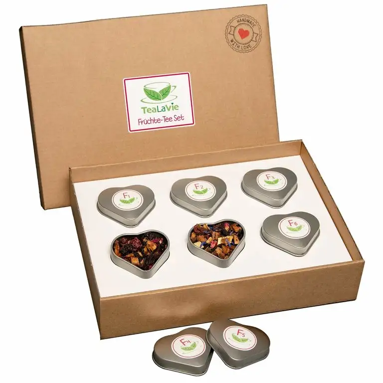 TEALAVIE - 6er Tee-Geschenke-Set - Früchte Tee lose | edle Herz-Teedose für Teeliebhaber | ideal für Dankeschön Geschenke | 60g loser Früchtetee Mischung Mix