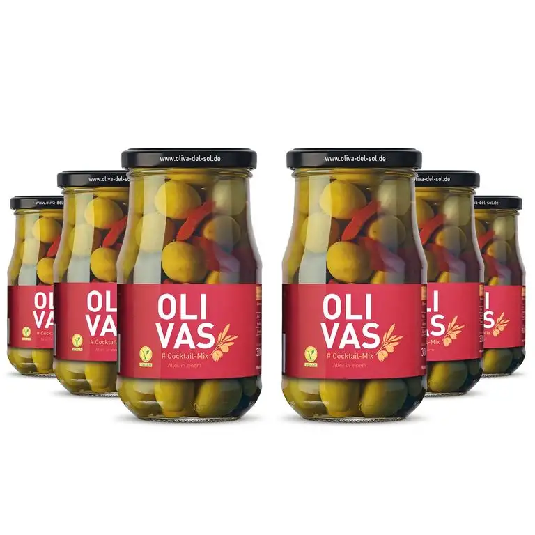 6er Set * OLIVAS Cocktail-Mix / 220 g im (Glas) * Grüne & Schwarze Oliven, Silberzwiebeln, Gewürzgurken und Paprika