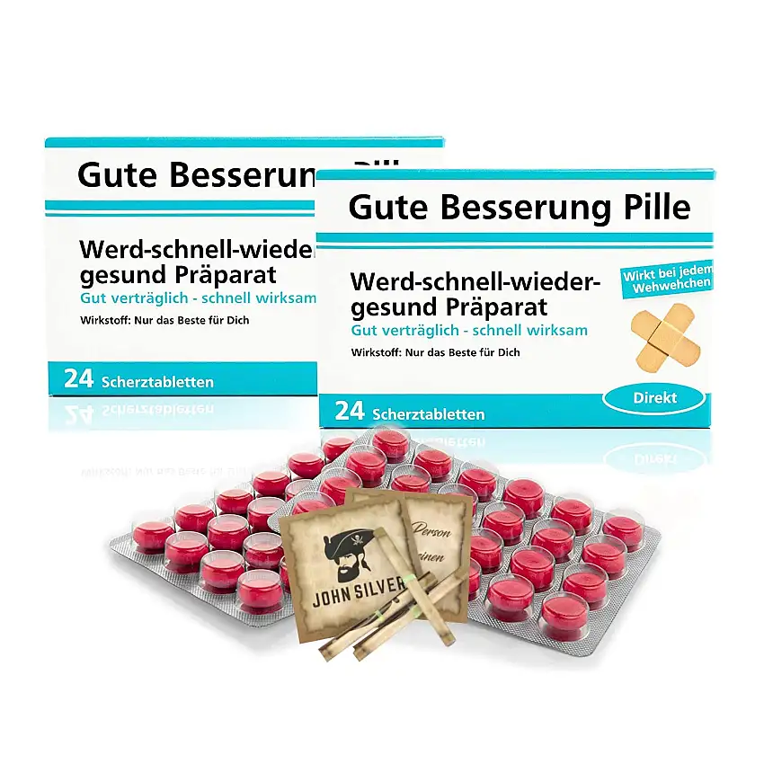 Lustige Pillen GUTE BESSERUNG Pille 2er Set, als Geburtstagsgeschenk. Spaß, Anti Stress, gute Laune, Junggesellenabschied Mann und Frau. mit John Silver® Orakelsprüchen