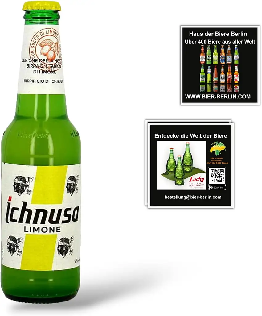 12 x 0,33l Birra Ichnusa Limone Bier - Radler auf sardische Art mit 2% Alc.inkl. Original Bierdeckel