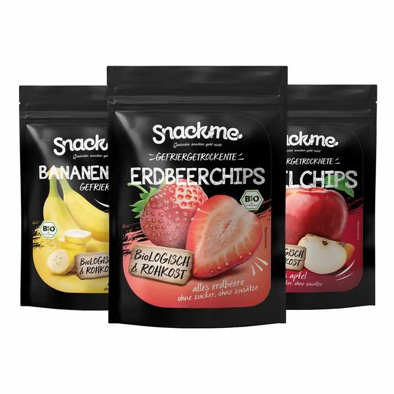 Bio Knabberzeug Snack Frucht Chips Box mit Erdbeeren Bananenchips Apfelchips gefriergetrocknet ohne Zucker naturbelassen ungeschwefelt knusprig