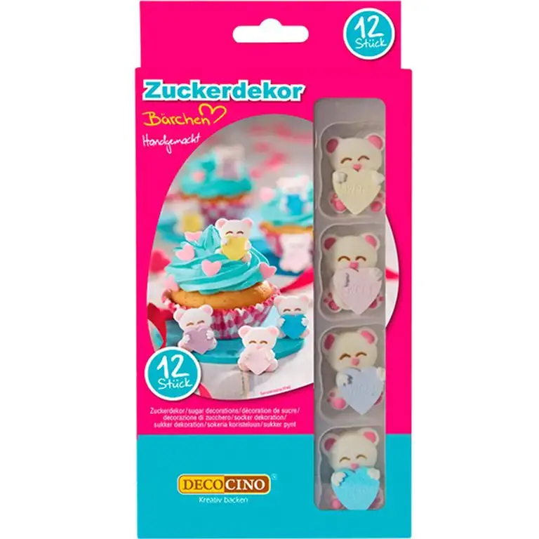 DECOCINO Cake Decor, Bärchen Zuckerdekor – 12 Stück – essbares Dekor, ideal zum Verzieren von Cupcakes, Kuchen und Torten – ohne Palmöl, glutenfrei und halal
