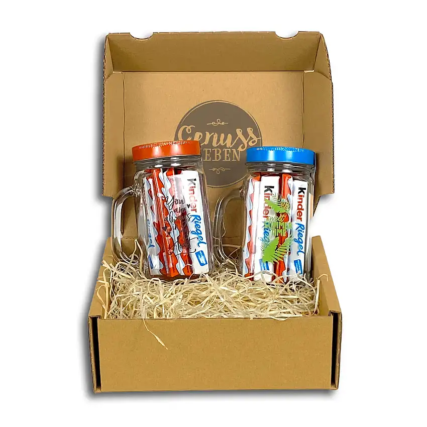 Genussleben Box mit 2x Kinder Riegel Sommer Gläsern und ca. ca. 231g Kinder Riegel mit einer Öffnung für Strohhalme