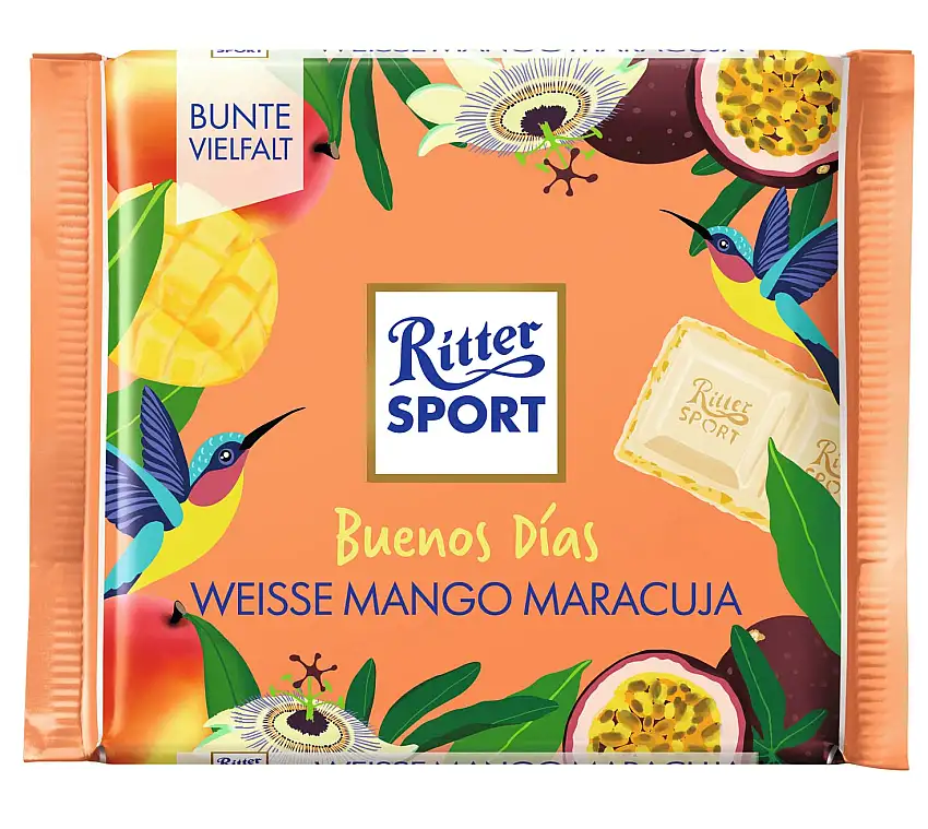 Ritter Sport 'Buenos Días' Weisse Mango Maracuja (12 x 100 g), weiße Schokolade mit fruchtiger Mango-Maracuja-Creme & Crisps, Tafelschokolade, Fernweh-Edition