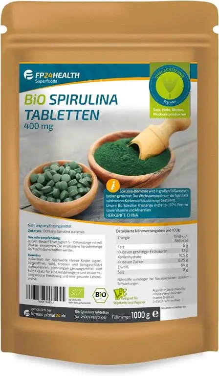 FP24 Health Bio Spirulina Tabletten 1kg - 400mg pro Tablette - Plantensis - im Zippbeutel - 1000g Presslinge - Top Qualität