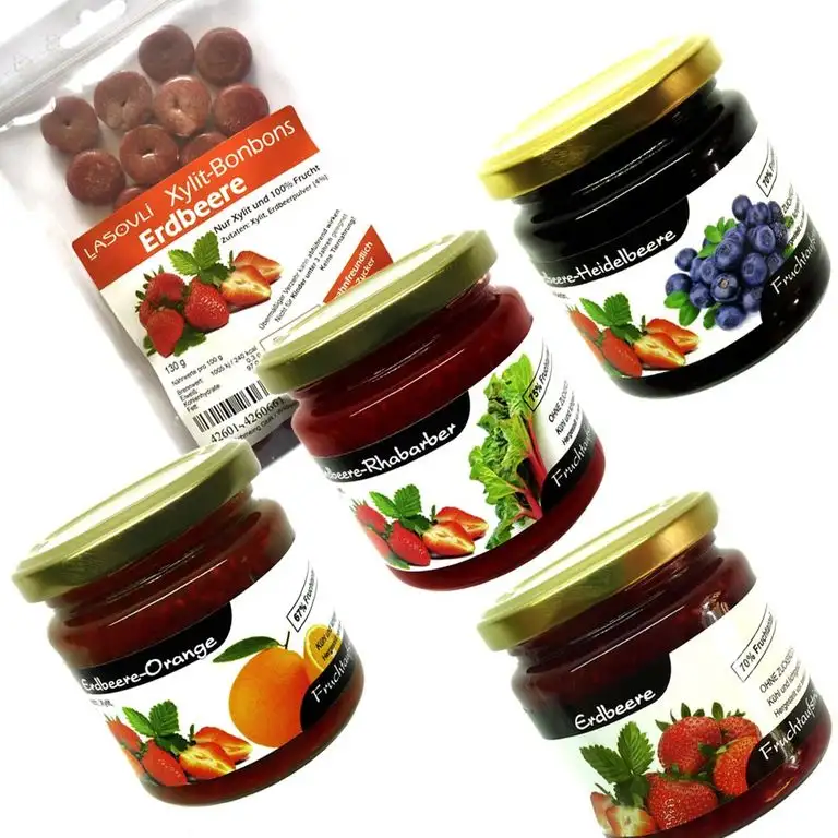 Xylit Fruchtaufstriche im Bonus-Set Nr. 6"Erdbeervariationen" (4 Gläser), 1 Beutel Xylit-Bonbons Erdbeere im Wert von 4,99 Euro gratis