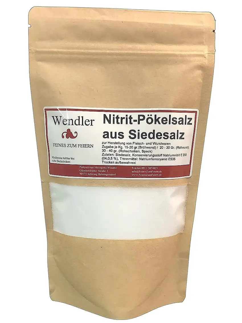 Nitrit-Pökelsalz aus Siedesalz (0,4 % - 0,5%) im Standbodenbeutel aus Kraftpapier (500)