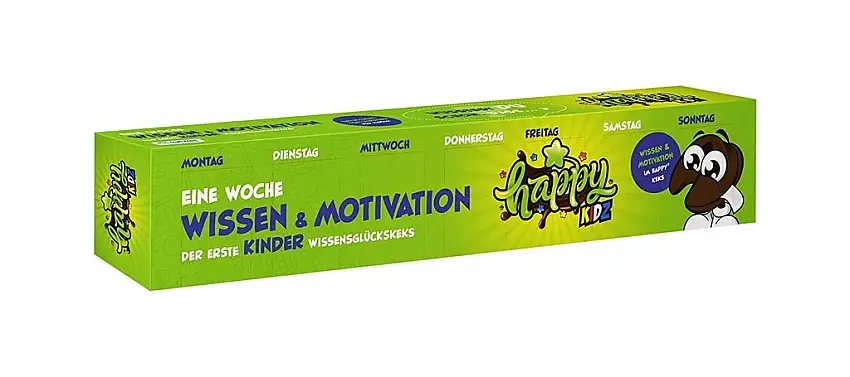 Happy Kidz Schokoglückskekse "Eine Woche Wissen und Motivation" 7 vegane Schoko Glückskekse in einer 7er Schachtel (1 Schachtel=42g, 7 Kekse a 6g) Stil eines Mini Adventskalender für Kinder