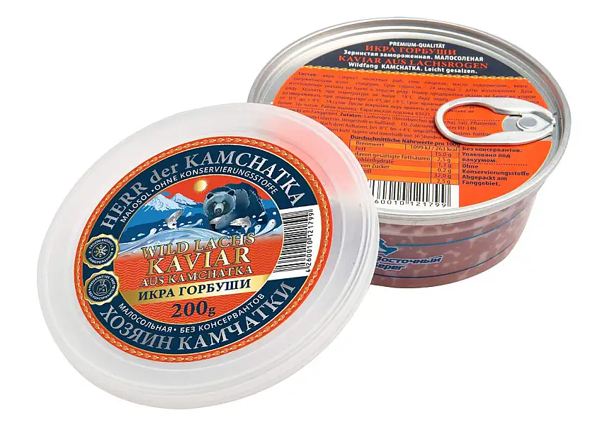 Kaviar - Herr der Kamchatka Gorbuscha Lachskaviar Premium (- 18°C) - Wildfang aus Kamchatka- 200g Dose -malossol - leicht gesalzen : Roter Kaviar ohne Konservierungsmittel - caviar - икра