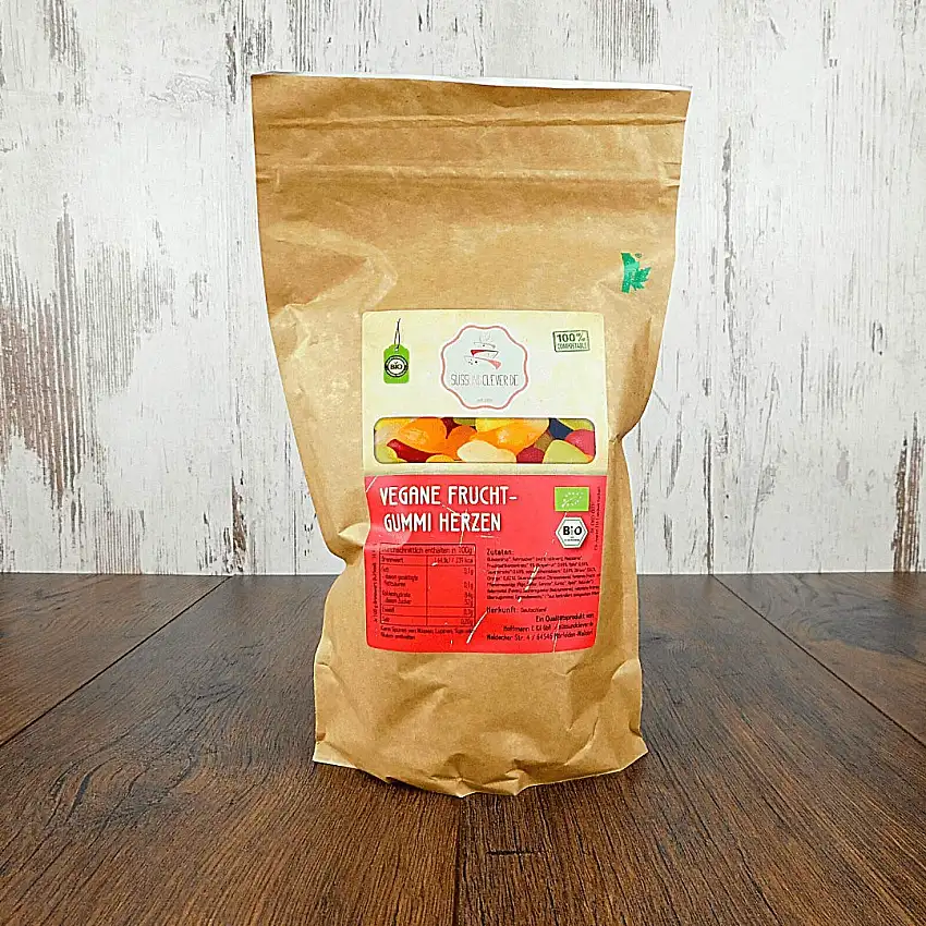 süssundclever.de® Bio Fruchtgummi Herzen | 500g | vegan | plastikfrei und ökologisch-nachhaltig abgepackt