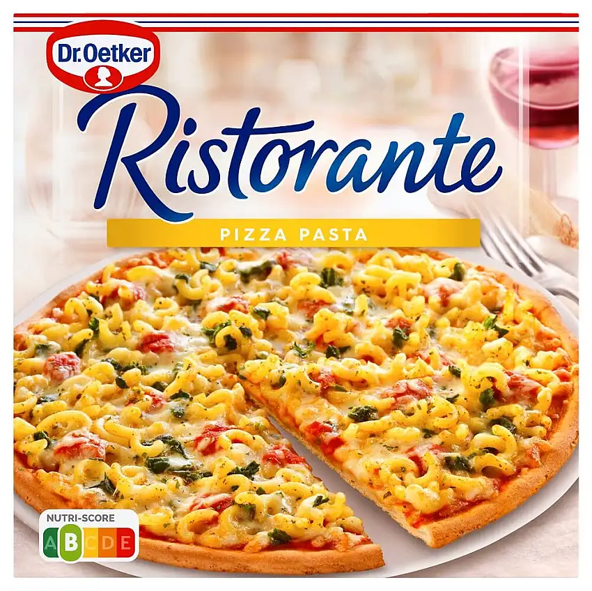 Dr. Oetker Ristorante Pizza Pasta, 410 g – knusprige, vegetarische Tiefkühlpizza, belegt mit Spaghettistückchen, Mozzarella und Edamer