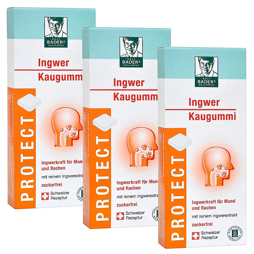 BADERs PROTECT Ingwer Kaugummi aus der Apotheke. Mit den Scharfstoffen der Gingerole. Ideal auch bei Reisen. 3 x 20 Kaugummi-Quadrate