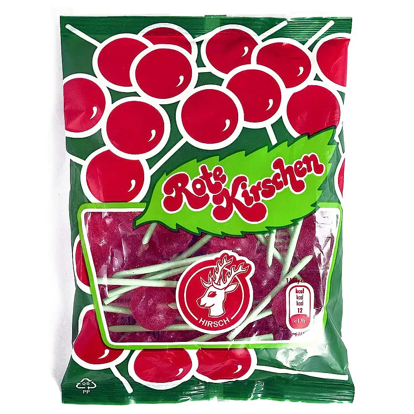 Rote Kirschen, Das "ORIGINAL" von HIRSCH, Kirschlutscher mit dem original grünen Stiel, 100g Beutel