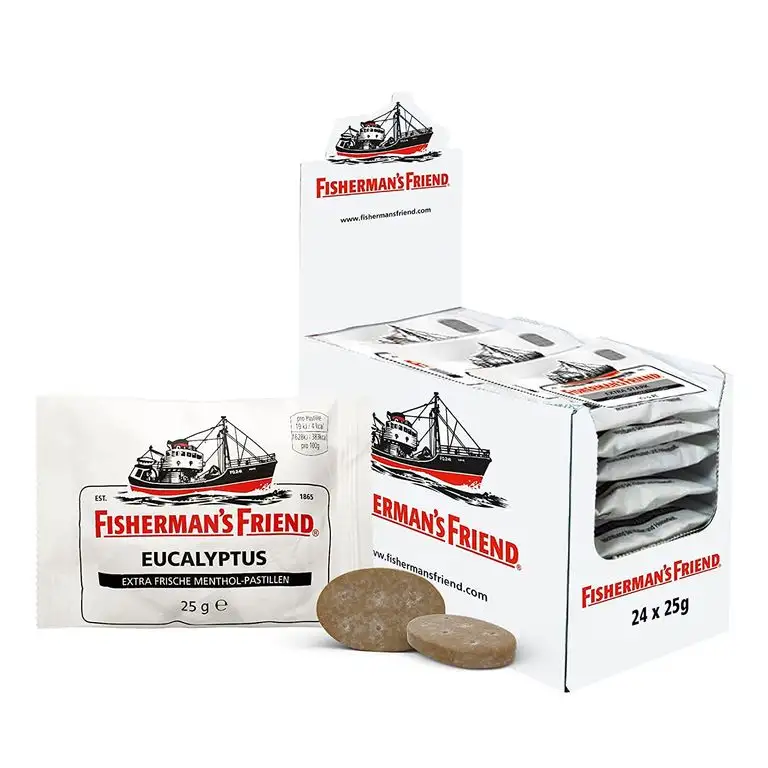 Fisherman's Friend Eucalyptus | Karton mit 24 Beuteln | Menthol und Eukalyptus Geschmack | Mit Zucker | Für frischen Atem