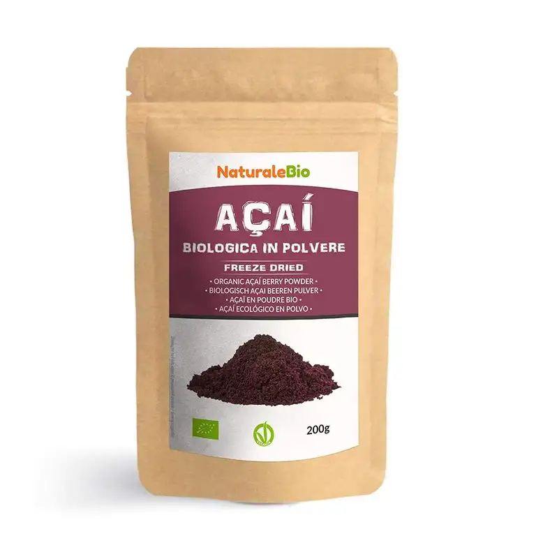 Açaí Beeren Pulver Bio [ Gefriergetrocknet ] 200g. Pure Organic Acai Berry Powder ( Freeze-Dried ). 100% aus Brasilien, Getrocknet, Rohkost und Extrakt aus Pulp der Acai-Beeren Frucht. NaturaleBio