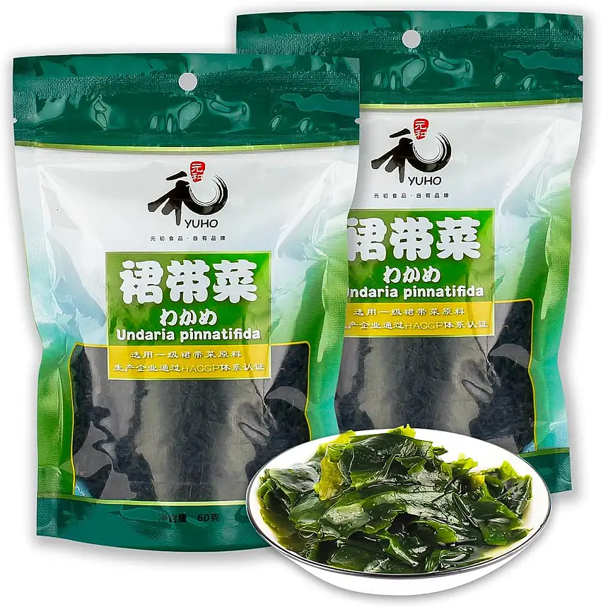 YUHO Wakame, getrocknete Meeresalgen, dried Seaweed, Seetang, Algen, alga, Kelp, Speisealgen, Meeresgemüse, 2er Pack, 2x60g