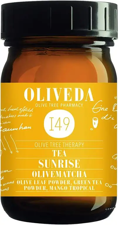 Oliveda I49 - OliveMatcha Sunrise - Olivenblatt Tee Pulver mit japanischen Matcha | Hibiskusblüten - 30 g