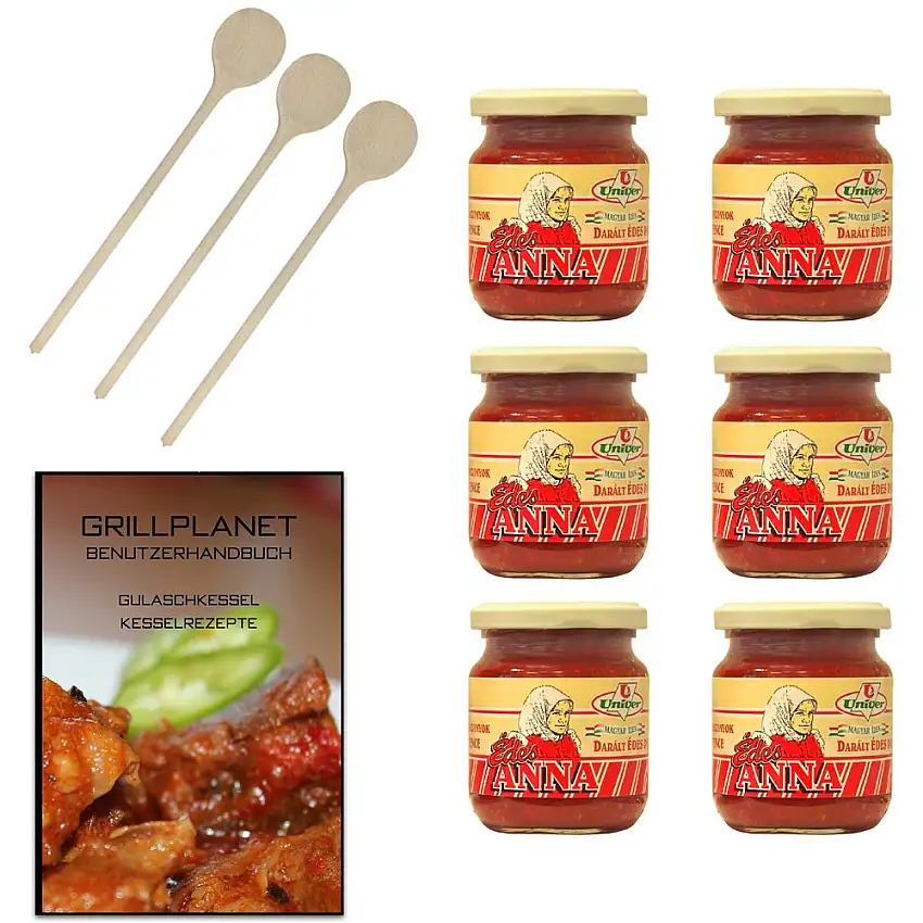 Grillplanet Box (3x Holzkochlöffel 25 cm - 6x Univer Edes Anna - 1x Grillplanet Benutzerhandbuch Gulaschkessel Kesselrezepte)