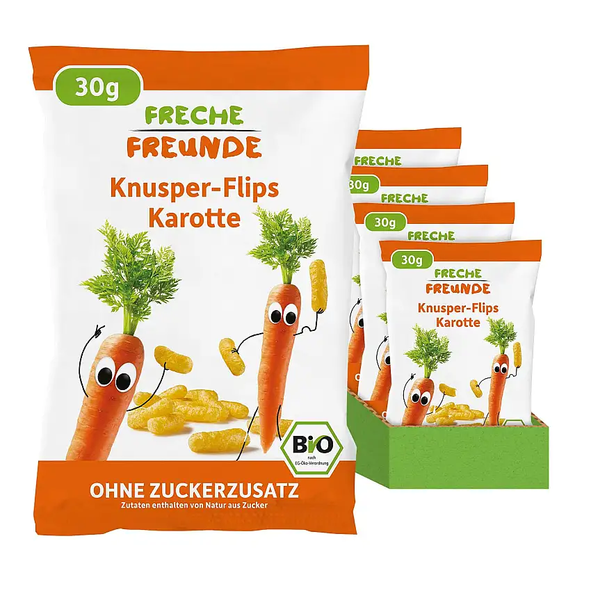 FRECHE FREUNDE Bio Knusper-Flips Mais & Karotte, vegan, ohne Zuckerzusatz, Bio Knabberzeug für Kinder und Babys ab 1 Jahr, 30g (2x 9er Pack mit 270g)