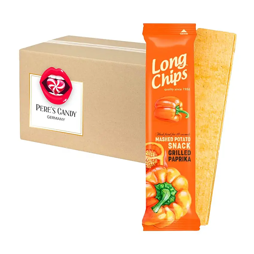 Long Chips Grilled Paprika 10x75g von Pere's Candy® Box mit Geschenk