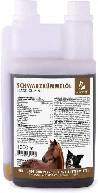 MeaVita Schwarzkümmelöl für Tiere, kaltgepresst & 100% rein, 1er Pack (1x 1000 ml) in praktischer Dosierflasche