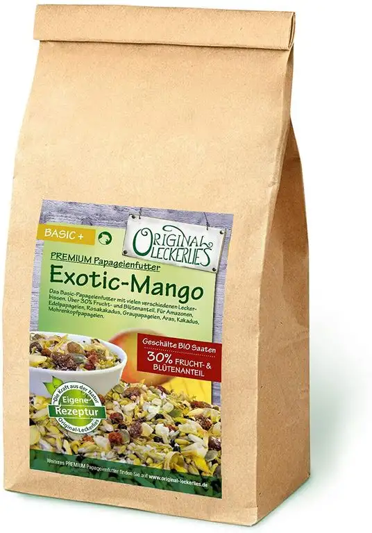 Original-Leckerlies: Exotic-Mango-Mix 1 kg, Premium Qualität*** Papageienfutter mit geschälten Saaten, hohem Fruchtanteil, Getreide aus kontrolliertem Anbau, leckerer Kokosnuss und Orangenblüten