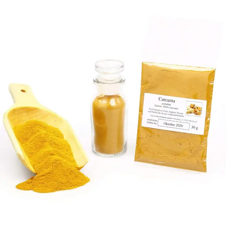 Curcuma gemahlen, Kurkuma, Kurkumawurzel Pulver, indisches Gewürz für Curry & Geflügel, Pulver mit Curcumin für goldene Milch und goldene Paste, Curcuma Latte, Gelbwurz, Haldi, Turmeric, 30g