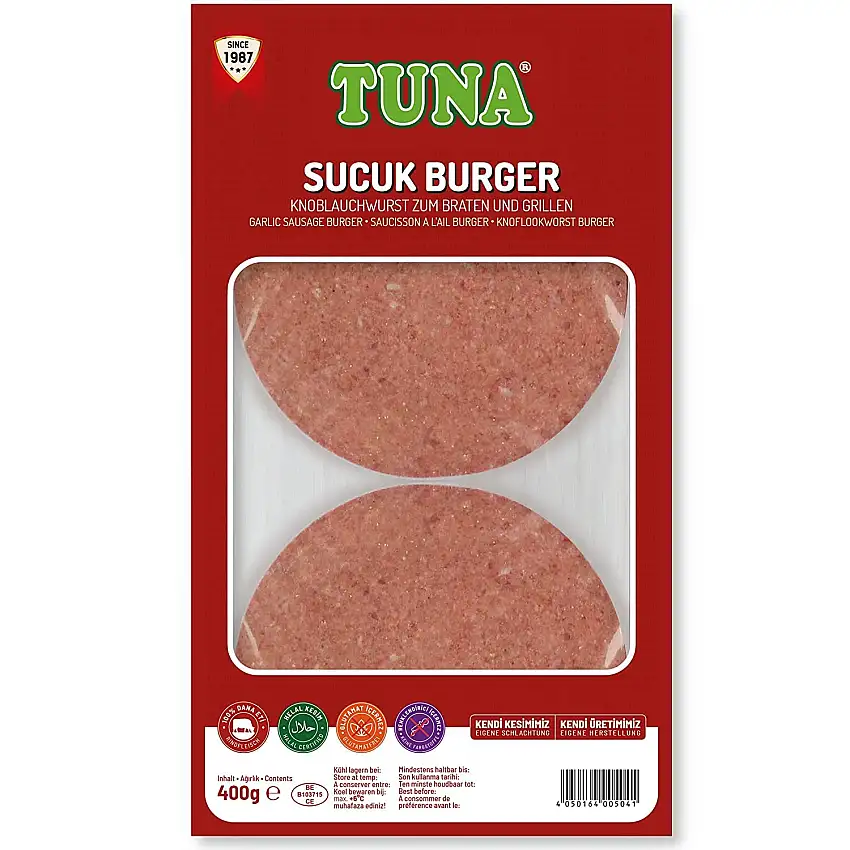 TUNA FOOD Knoblauchwurst Burger I Wurst & Fleisch I Halal, Nach Türkischer Art, Sucuk Burger 250g, 100% Helal