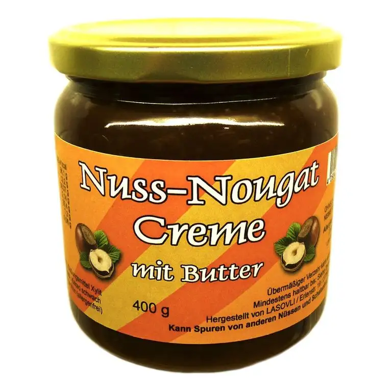 Butter "Nuss-Nougat-Creme" 400 g (43,7% Haselnüsse), mit Xylit aus Finnland gesüßt, ohne Palmfett, ohne Zuckerzusatz