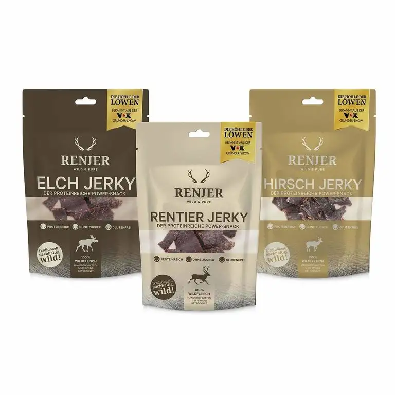 Renjer Trockenfleisch [Alte Version] TryMe | Hochwertiges Jerky, handgeschnitten und schonend getrocknet und gesalzen, ohne Zucker, glutenfrei [Elch, Rentier, Hirsch] (3er)