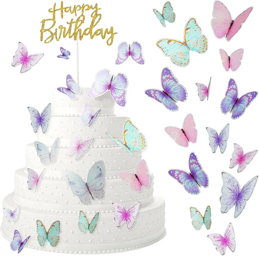 60 Stück Schmetterlings-Kuchenaufsätze mit "Happy Birthday"-Kuchenaufsatz, 3D-Schmetterlingsaufsatz, gemischte Größe, Farbe, Schmetterlingsdekoration, Hochzeit, Partyzubehör